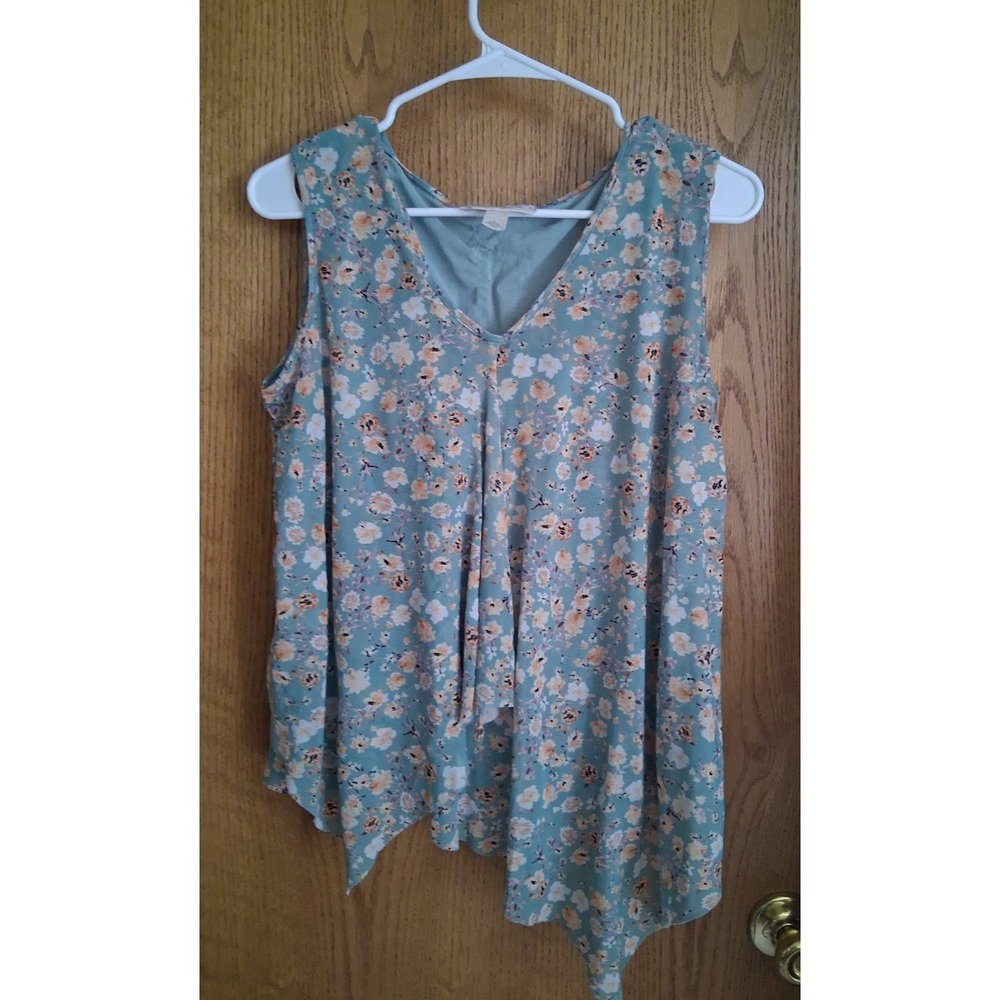 Emaline Women's Top Sage Green Floral L Sleeveless Drapey Stretch Asymmetrical